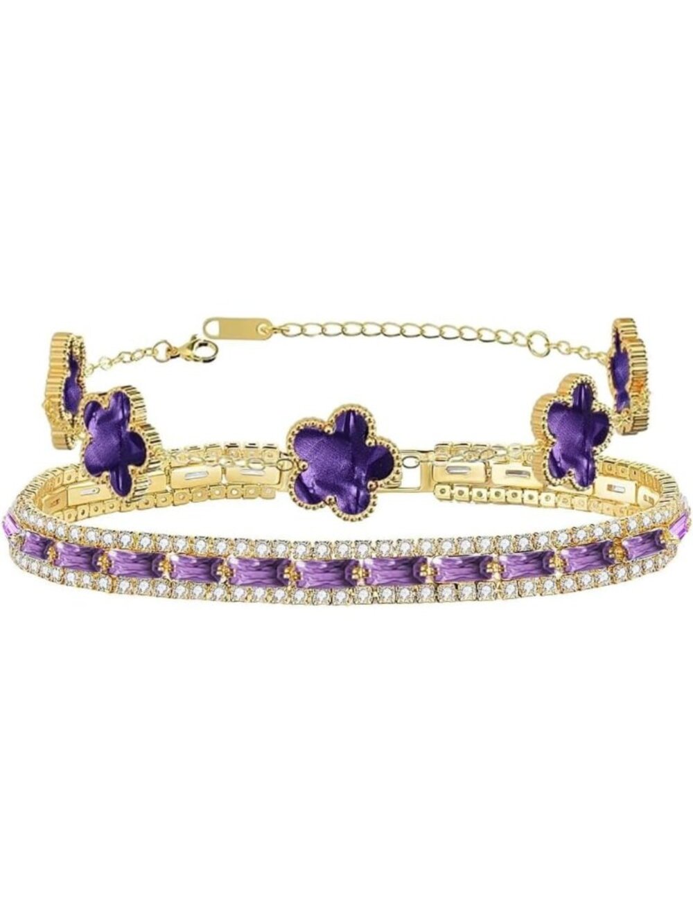Multicolored CZ Tennis & Flower Bracelet Set - 2Pcs Women's Stacked Bracelets